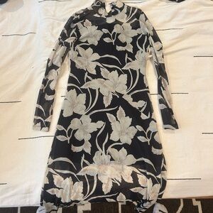 All Saints Black and Cream Floral Long Sleeve Dress